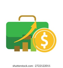 Icono de finanzas. Maletín con monedas de dólar y un gráfico ascendente. Economía, negocios, simple. Estilo de diseño plano.