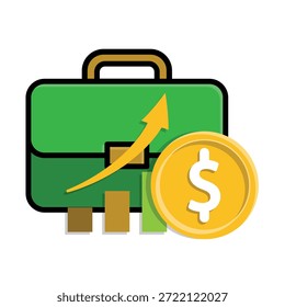 Finanzsymbol. Aktenkoffer mit Dollarmünzen und einem Diagramm nach oben. Wirtschaft, Geschäft, einfach. Isometrischer Designstil.
