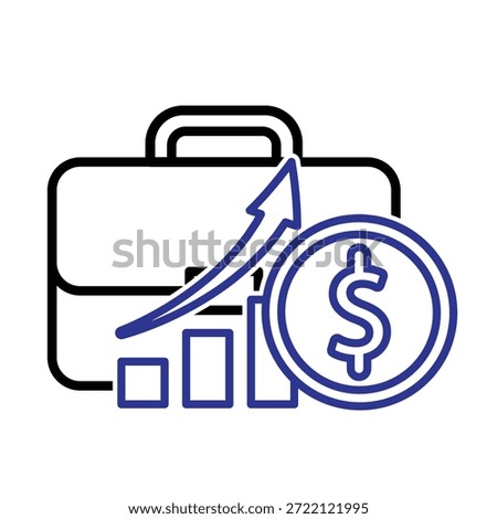 Finance icon. Briefcase with dollar coins and an upward graph. Economy, business, simple. Outline design style.