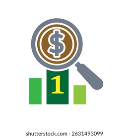 finance icon. business analysis. magnifying glass with dollar coin on podium ranking. analysis symbol, optimization, management. Solid design style
