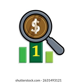 finance icon. business analysis. magnifying glass with dollar coin on podium ranking. analysis symbol, optimization, management. 3d simple design style