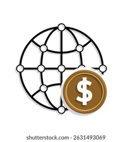 finance icon. business network. globe with network and dollar coin. symbol of analysis, optimization, management. Mixed design style