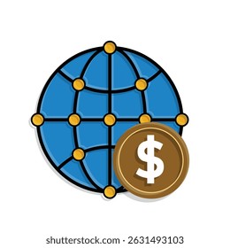 Finanzsymbol. Unternehmensnetzwerk. Globus mit Netzwerk und Dollarmünze. Symbol für Analyse, Optimierung, Management. 3D einfacher Design-Stil
