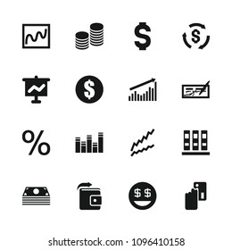 Finance icon. collection of 16 finance filled icons such as money, credit card payment, binder, dollar smiley, coin, chart, graph. editable finance icons for web and mobile.