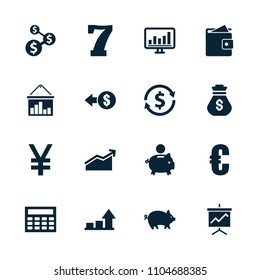 Finance icon. collection of 16 finance filled icons such as pig, euro, coin, chart, graph, piggy bank, money exchange, dollar sign. editable finance icons for web and mobile.
