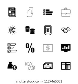 Finance icon. collection of 16 finance filled and outline icons such as money, news, chart on display, atm, check, percent, safe. editable finance icons for web and mobile.