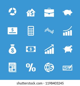 Finance icon. collection of 16 finance filled icons such as pig, money sack, graph, news, dolar growth, check, dollar card, money. editable finance icons for web and mobile.