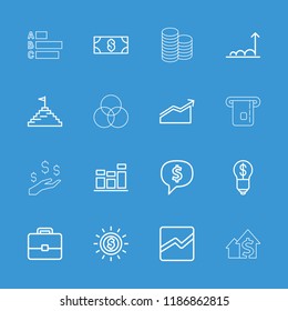 Finance icon. collection of 16 finance outline icons such as money, dollar sign in cloud, dollar in sun, case, line chart, chart. editable finance icons for web and mobile.