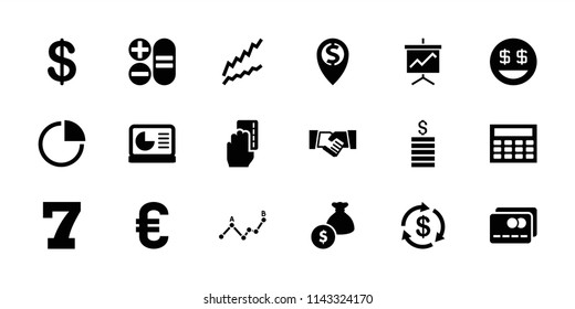 Finance icon. collection of 18 finance filled icons such as coin, money, 7 number, dollar smiley, pie chart, handshake. editable finance icons for web and mobile.