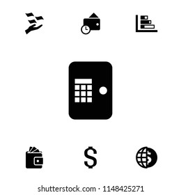 Finance icon. collection of 7 finance filled icons such as money on hand, wallet, graph, globe dollar, atm, coin. editable finance icons for web and mobile.