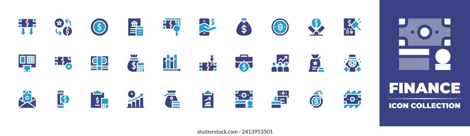 Finance icon collection. Duotone color. Vector and transparent illustration. Containing bank statement, money, coin, money bag, training, stock, time to market, finances, finance, transfer, mobile.