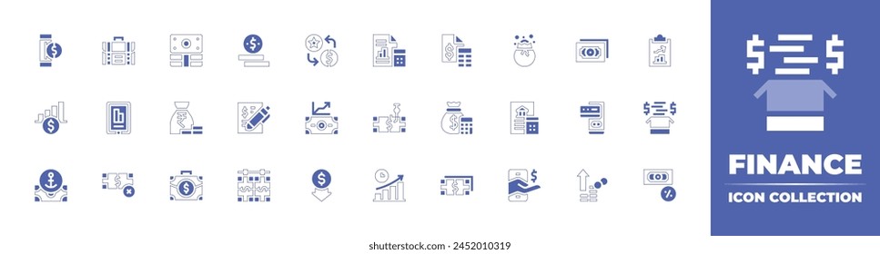 Finance icon collection. Duotone style line stroke and bold. Vector illustration. Containing finance, bank statement, rupee, money bag, low price, time to market, money, purchase, statistics, stats.