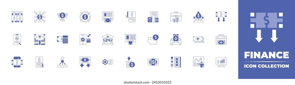 Colección de iconos de finanzas. Trazo de línea de estilo duotono y negrita. Ilustración vectorial. Conteniendo economía circular, ganancia, caja de dinero, consolidar, informe financiero, finanzas, dinero, riqueza.