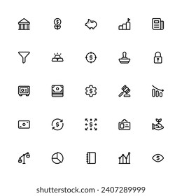 Finance Icon Collection. Pixel Perfect Finance and Accounting Outline Style 2D Icon