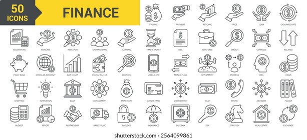 Finance icon collection set. Containing payment, revenue, price, loan, exchange rate, accounting, piggy bank, shopping, budget, increase, research, crowdfunding, investment icon. Simple line vector