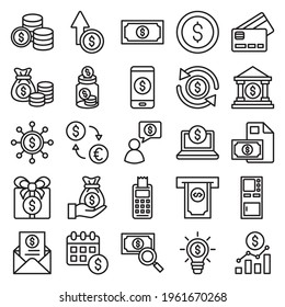 Finance icon collection set with simple lines and modern style for use as web and application sign, editable stroke pictogram, financial, bank, investment