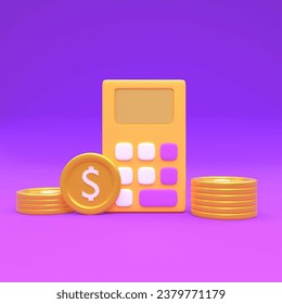 Finance icon concept. money management, financial planning, financial risk calculation, calculator with pile of coins and graphs on a purple background. 3d rendering illustration