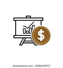 finance icon. financial graph and dollar coin on white background. graphs on paper, laptop or results. investment, healthy economy. Mixed design style
