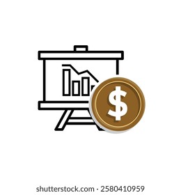 finance icon. financial graph and dollar coin on white background. graphs on paper, laptop or results. investment, healthy economy. Mixed design style