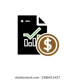 finance icon. financial graph and dollar coin on white background. graphs on paper, laptop or results. investment, healthy economy. Solid design style