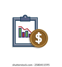 finance icon. financial graph and dollar coin on white background. graphs on paper, laptop or results. investment, healthy economy. simple 3d design style