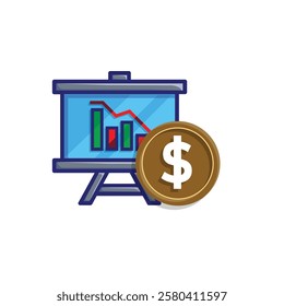 finance icon. financial graph and dollar coin on white background. graphs on paper, laptop or results. investment, healthy economy. simple 3d design style