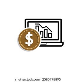 finance icon. financial graph and dollar coin on white background. graphs on paper, laptop or results. investment, healthy economy. Mixed design style