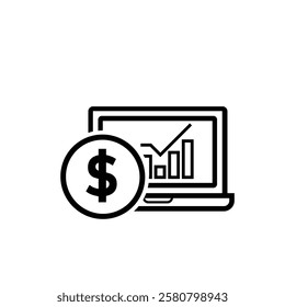finance icon. financial graph and dollar coin on white background. graphs on paper, laptop or results. investment, healthy economy. Line design style