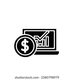 finance icon. financial graph and dollar coin on white background. graphs on paper, laptop or results. investment, healthy economy. Solid design style