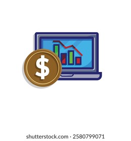 finance icon. financial graph and dollar coin on white background. graphs on paper, laptop or results. investment, healthy economy. simple 3d design style