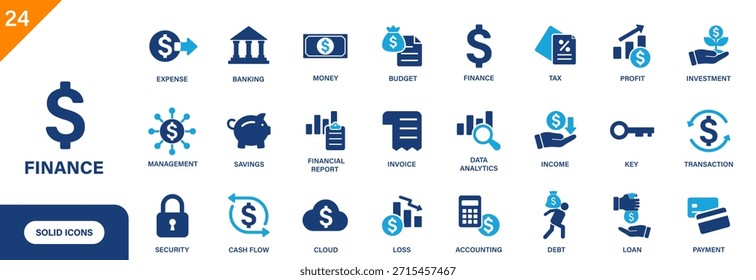 Icono de finanzas. Incluye banca, ahorros, Factura, ingresos, deuda, dinero. Conjunto de iconos de Vector sólido.