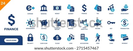 Finance icon. Includes banking, savings, invoice, income, debt, money. Solid vector icon set.