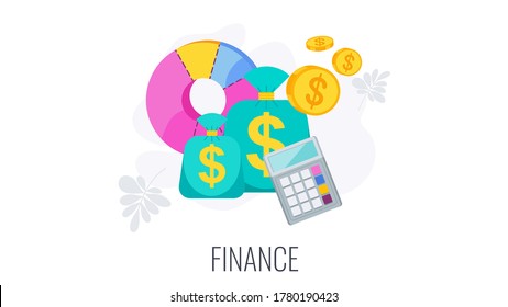 Finance Icon. Money Bags, Calculator And Pie Chart. Strategy, Management And Marketing Infographics. Successful Business Of Company In Market. Flat Vector Illustration.