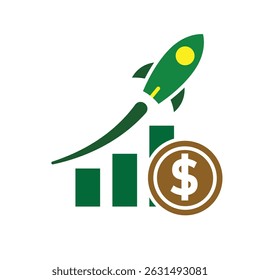 finance icon. optimal income. graph going up with rocket and dollar coin. analysis symbol, optimization, management. Solid design style