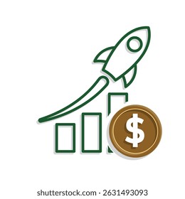finance icon. optimal income. graph going up with rocket and dollar coin. analysis symbol, optimization, management. Mixed design style