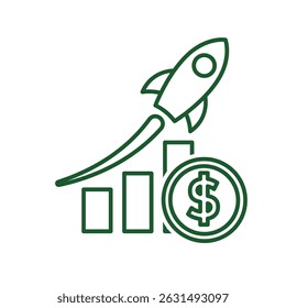 ícone financeiro. renda ótima. gráfico subindo com moeda de foguete e dólar. símbolo de análise, otimização, gerenciamento. Estilo de design da linha