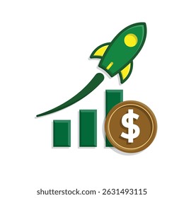finance icon. optimal income. graph going up with rocket and dollar coin. analysis symbol, optimization, management. 3d simple design style