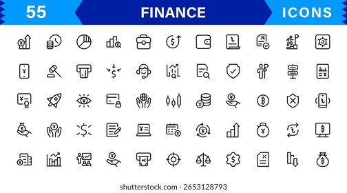 Pacote de Ícones Financeiros - Símbolos de Linha de Vetor Premium para Banco, Criptomoeda, Contabilidade, Investimentos, Orçamento e Finanças Digitais