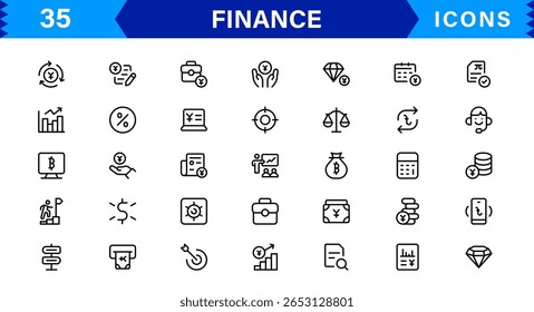 Pacote de Ícones Financeiros - Símbolos de Linha de Vetor Premium para Banco, Criptomoeda, Contabilidade, Investimentos, Orçamento e Finanças Digitais
