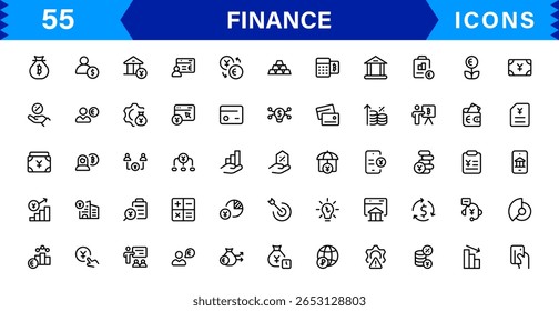 Pacote de Ícones Financeiros - Símbolos de Linha de Vetor Premium para Banco, Criptomoeda, Contabilidade, Investimentos, Orçamento e Finanças Digitais