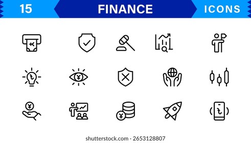 Pacote de Ícones Financeiros - Símbolos de Linha de Vetor Premium para Banco, Criptomoeda, Contabilidade, Investimentos, Orçamento e Finanças Digitais