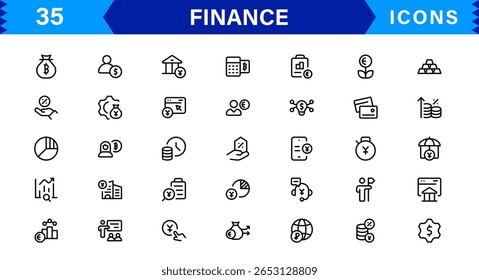 Pacote de Ícones Financeiros - Símbolos de Linha de Vetor Premium para Banco, Criptomoeda, Contabilidade, Investimentos, Orçamento e Finanças Digitais