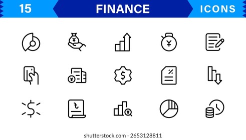 Pacote de Ícones Financeiros - Símbolos de Linha de Vetor Premium para Banco, Criptomoeda, Contabilidade, Investimentos, Orçamento e Finanças Digitais