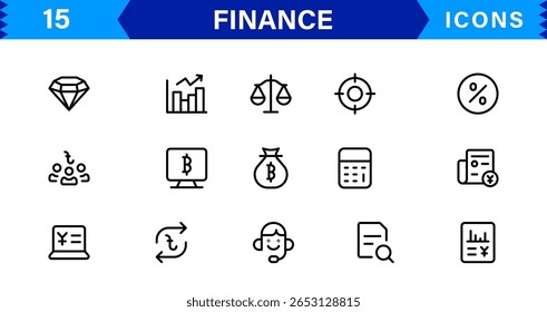 Pacote de Ícones Financeiros - Símbolos de Linha de Vetor Premium para Banco, Criptomoeda, Contabilidade, Investimentos, Orçamento e Finanças Digitais