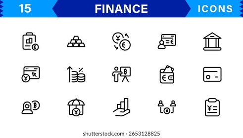 Pacote de Ícones Financeiros - Símbolos de Linha de Vetor Premium para Banco, Criptomoeda, Contabilidade, Investimentos, Orçamento e Finanças Digitais