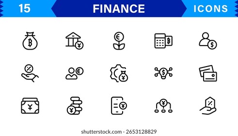 Pacote de Ícones Financeiros - Símbolos de Linha de Vetor Premium para Banco, Criptomoeda, Contabilidade, Investimentos, Orçamento e Finanças Digitais