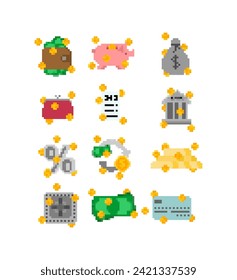 Finanz-Symbol-Pixelart Set. 8-Bit-Zeichen für Bankanwendungen