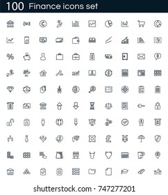 finance icon set with 100 vector pictograms. Simple outline business icons isolated on a white background. Good for apps and web sites. 