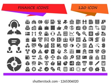  finance icon set. 120 filled finance icons. Simple modern icons about  - Reporter, Graph, Agreement, Money, Balance, Euro, Color, Contract, Hand, Briefcase, Strategy, Deal, Shopping list