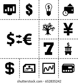 Finance icon. set of 13 filled financeicons such as 7 number, dollar, wallet, bulb with dollar, credit card, money exchange, chart, money tree, bank, check, yuan
